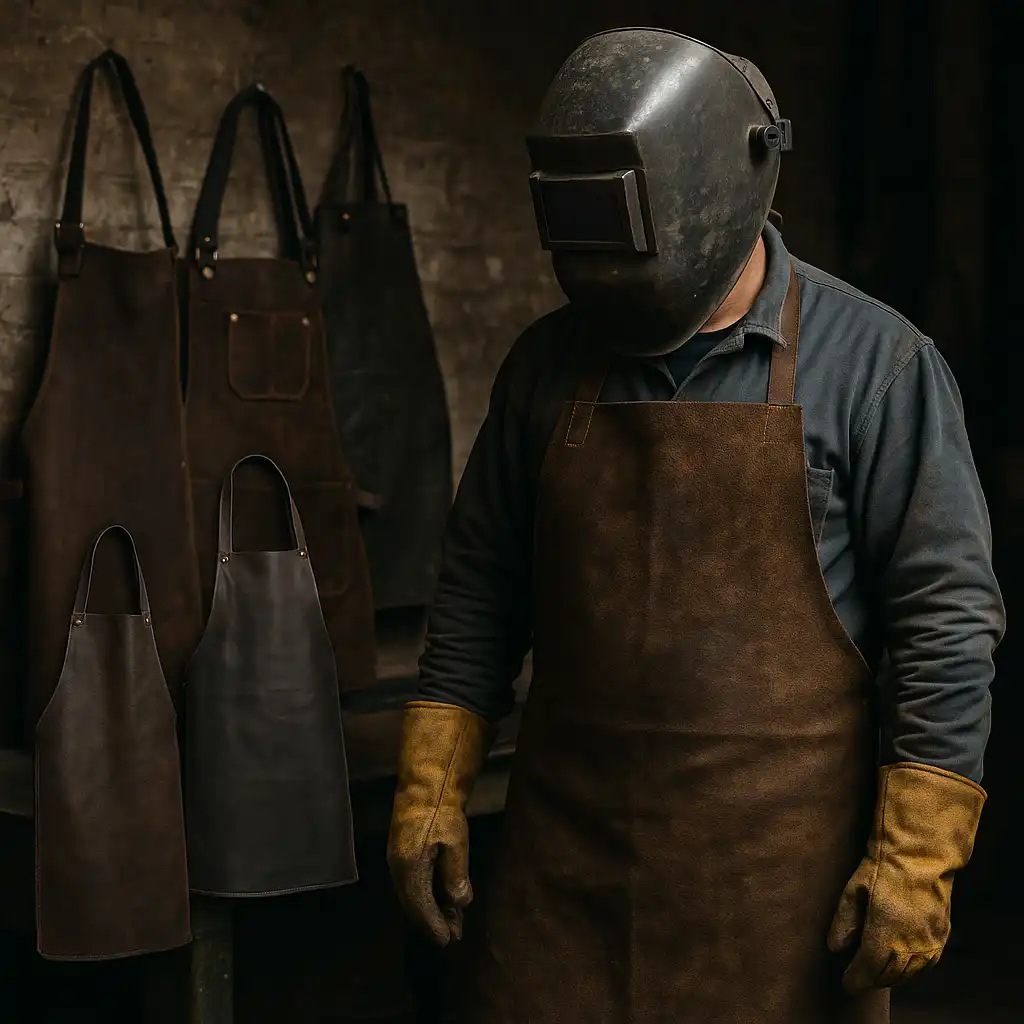A welder wearing gloves and a full leather welding apron stands in a workshop, with additional leather aprons hanging on the wall behind him for full body protection.