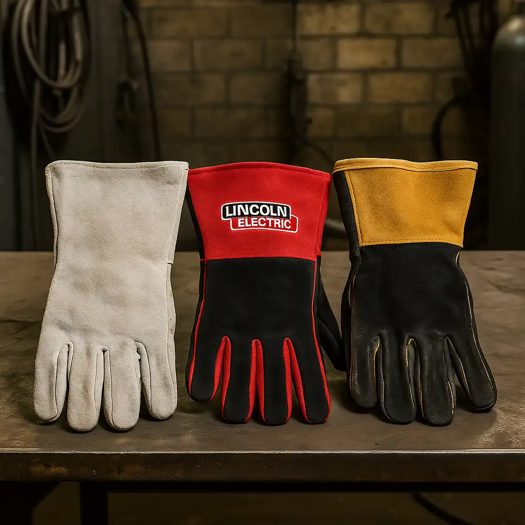Three pairs of welding gloves on a workshop table—gray split leather, red and black Lincoln Electric, and black and gold cowhide—made for MIG and Stick welding.