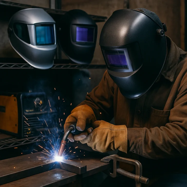 A welder wearing a black auto-darkening helmet works on a steel piece in a workshop, with sparks flying and other helmets visible in the background.