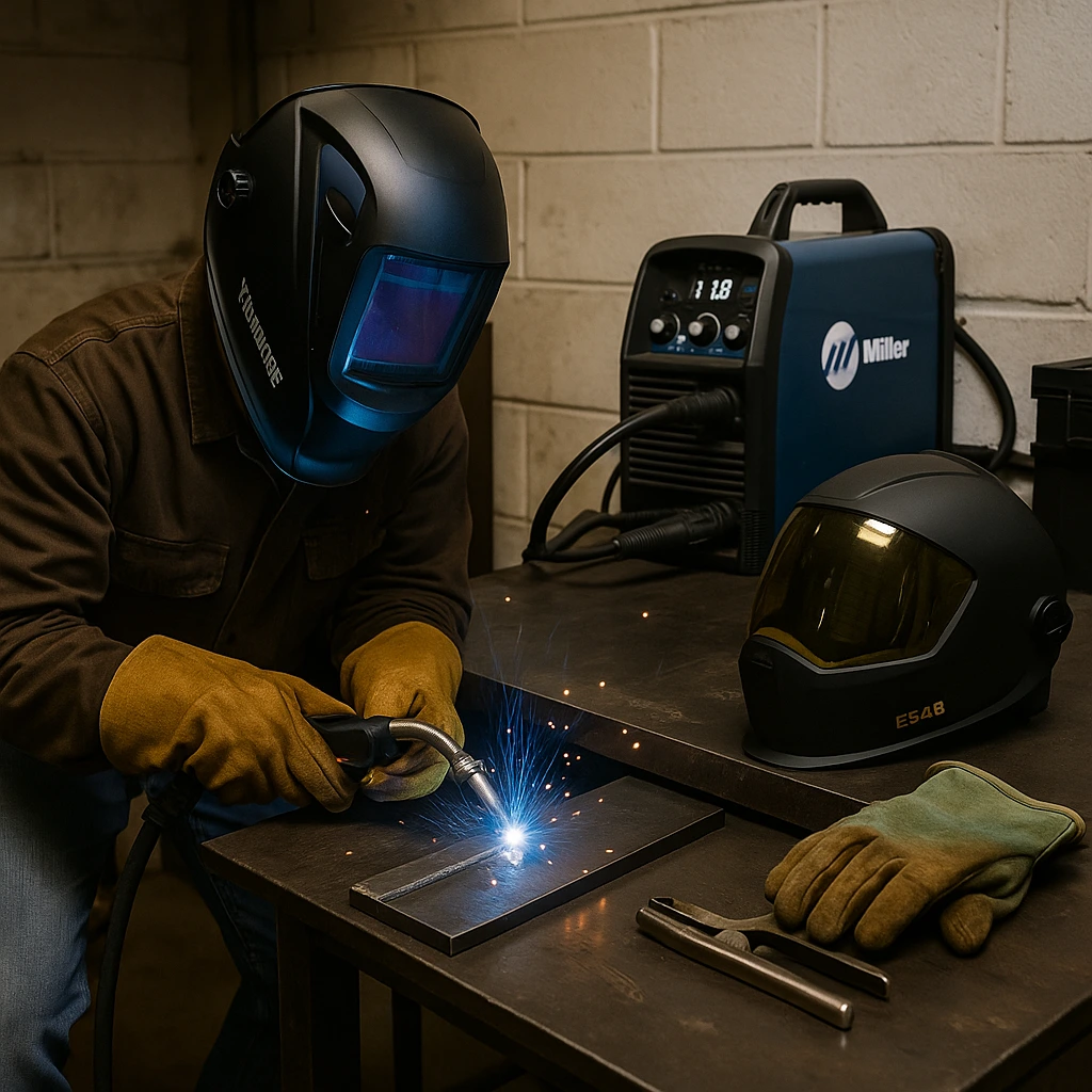 A welder in a workshop using a YESWELDER auto-darkening helmet while MIG welding, with an ESAB Sentinel helmet and gloves on the workbench nearby.