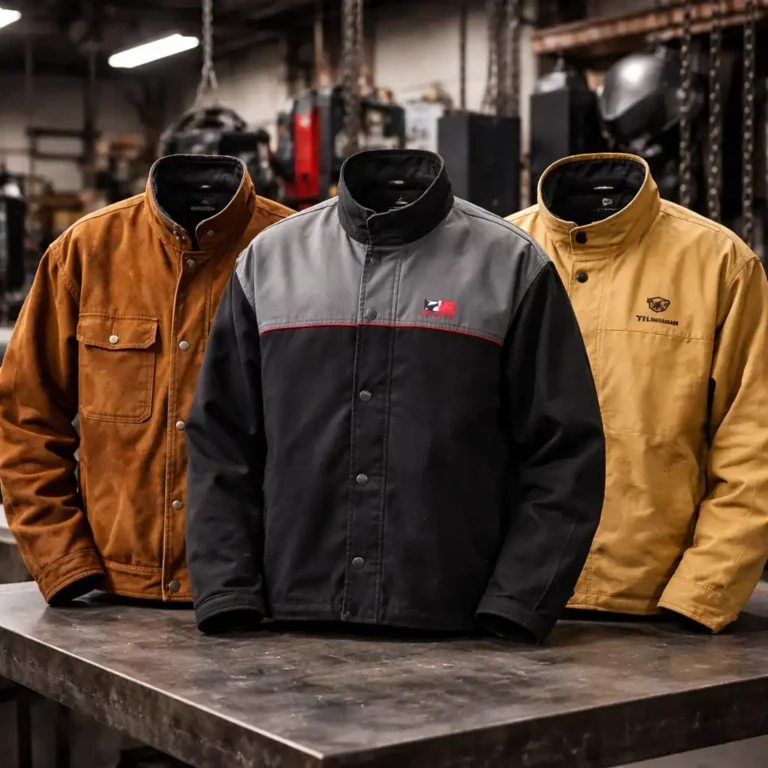Three welding jackets made from leather and flame-resistant fabric displayed on a workbench in a welding shop environment.