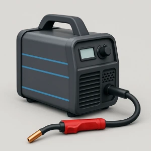 A compact gray welding machine with horizontal blue lines and a red welding torch.
