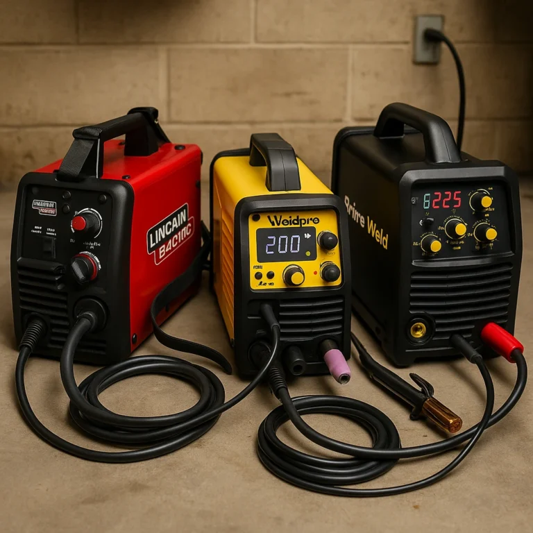 Three welding machines including Lincoln Electric 90i MIG, Weldpro 200A AC/DC TIG, and PRIMEWELD TIG225X displayed side by side on a workshop bench.