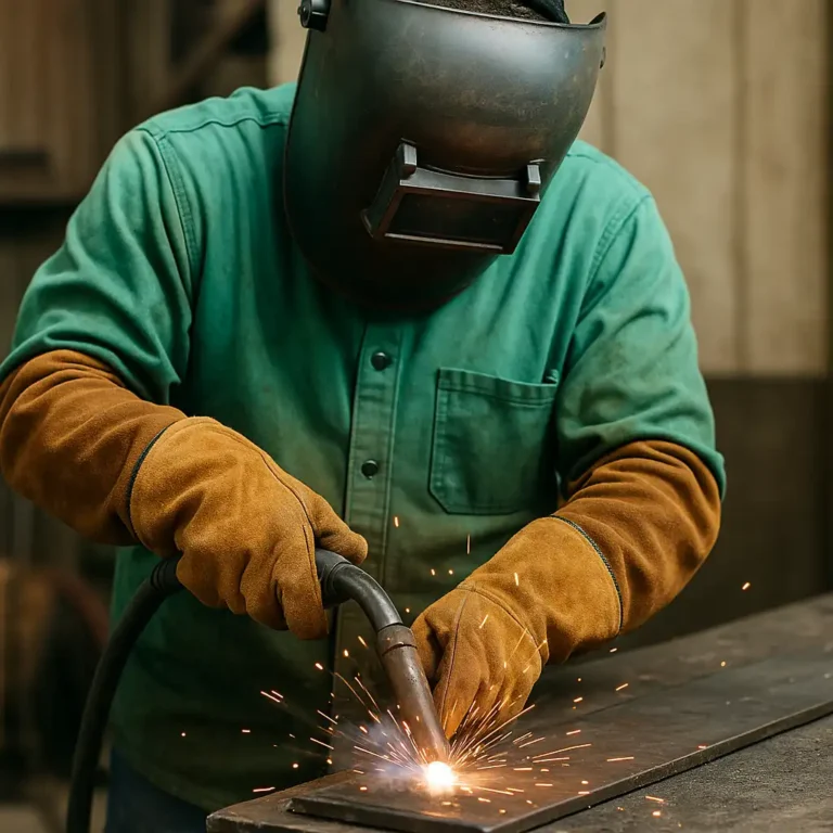 Welder in green FR shirt and leather sleeves welding metal with sparks flying in a workshop.