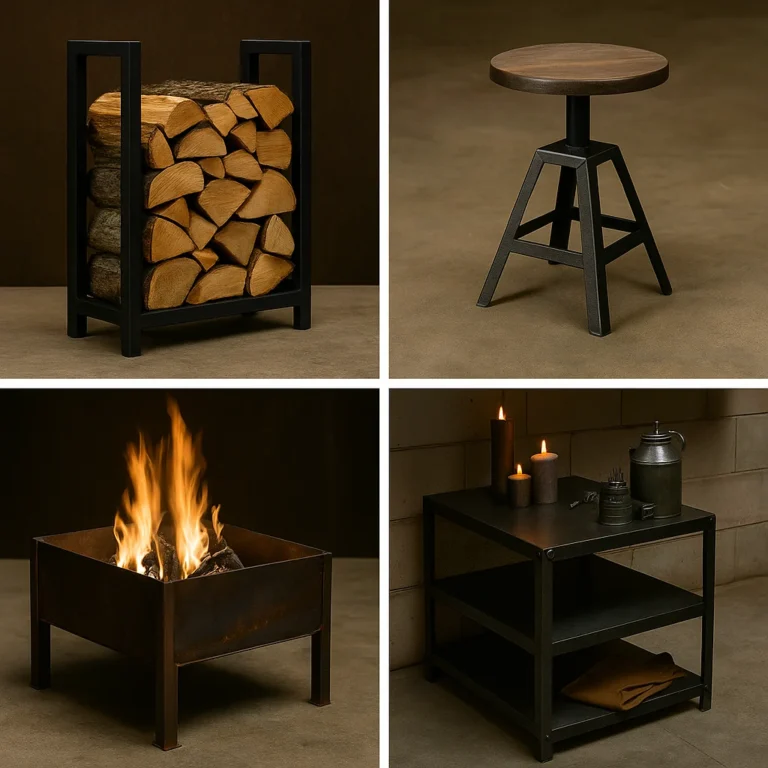 A square image grid showing four beginner welding projects: a firewood rack, a metal stool, a fire pit, and a garage shelf unit.