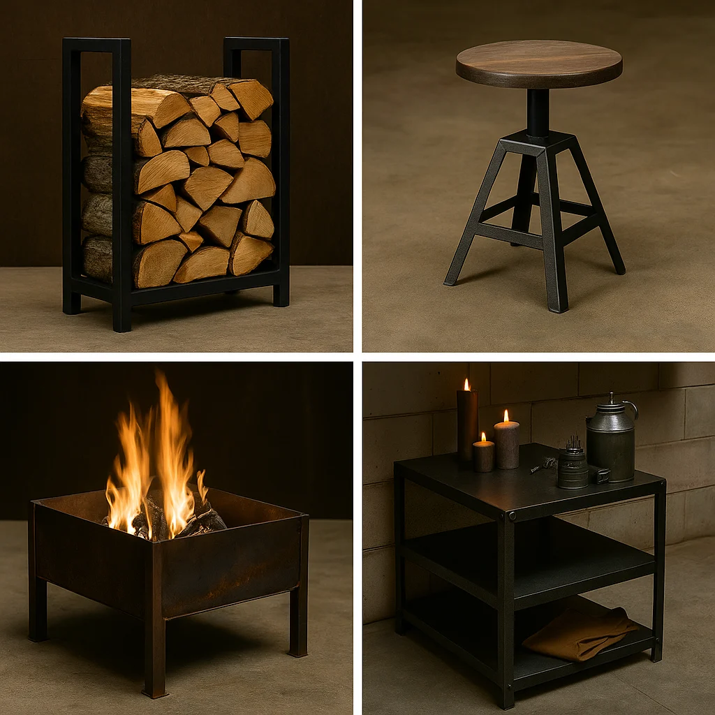 A square image grid showing four beginner welding projects: a firewood rack, a metal stool, a fire pit, and a garage shelf unit.