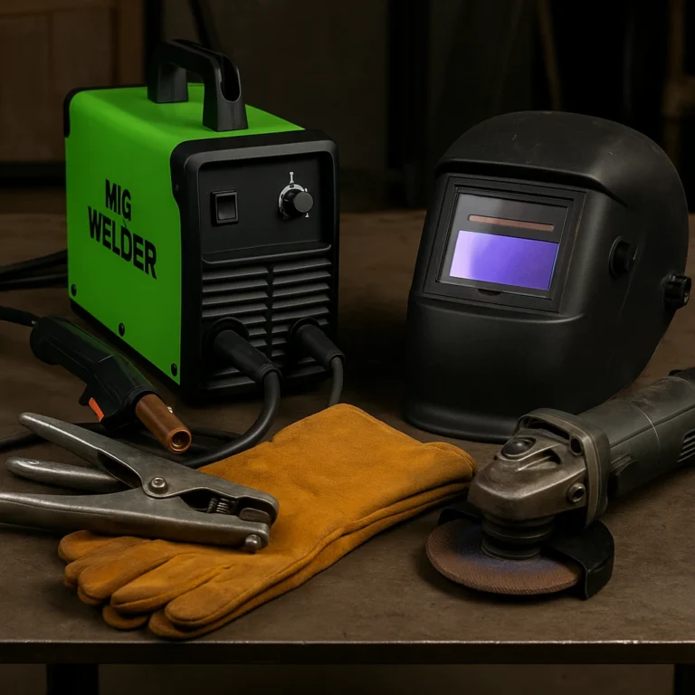 A clean workshop setup with essential welding tools like a helmet, gloves, angle grinder, and clamps arranged on a steel workbench—ideal for beginners or pros.