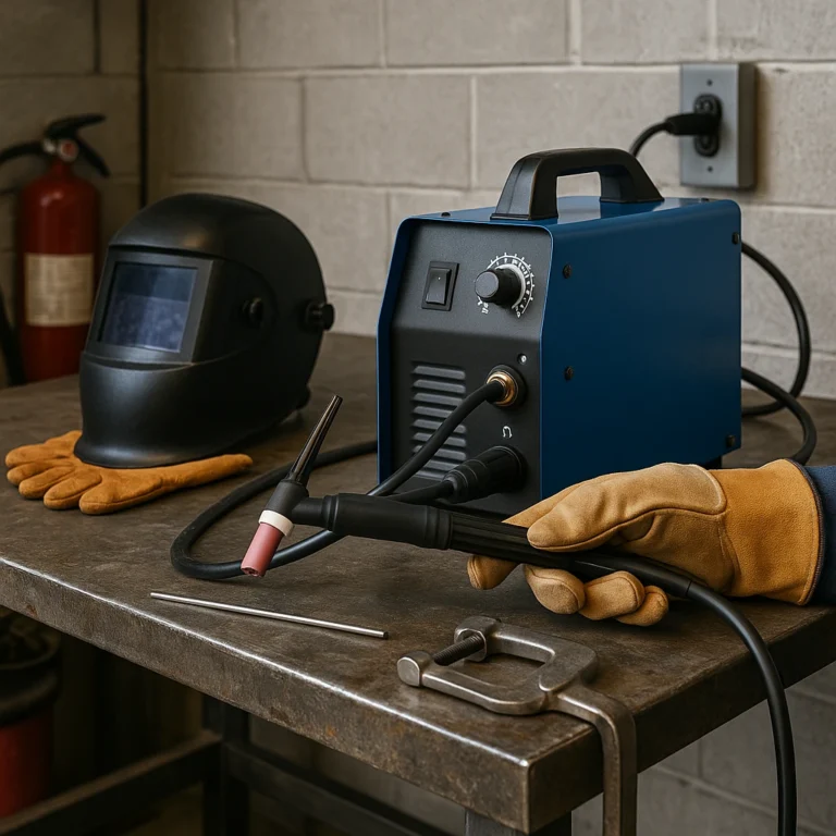 A TIG welding setup on a metal workbench, showing a blue TIG welder, torch, helmet, gloves, filler rod, and clamp in a home garage.