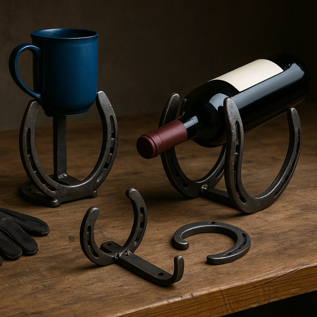 A photograph captures four horseshoe projects on a wooden workbench, including a wine bottle holder, a mug stand, and a coat hook, with a rustic workshop background.