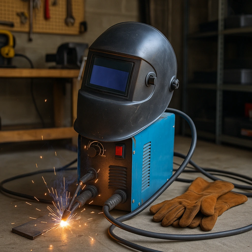 A stick welder in a home garage setup, actively sparking on steel with a helmet resting on the machine, gloves nearby, and tools in the background.