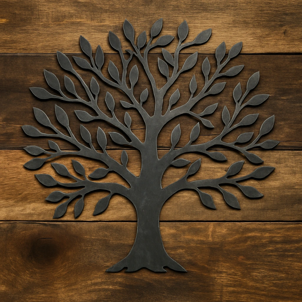 A piece of handcrafted metal wall art mounted on a dark wall, showcasing intricate cutout patterns and clean welds.