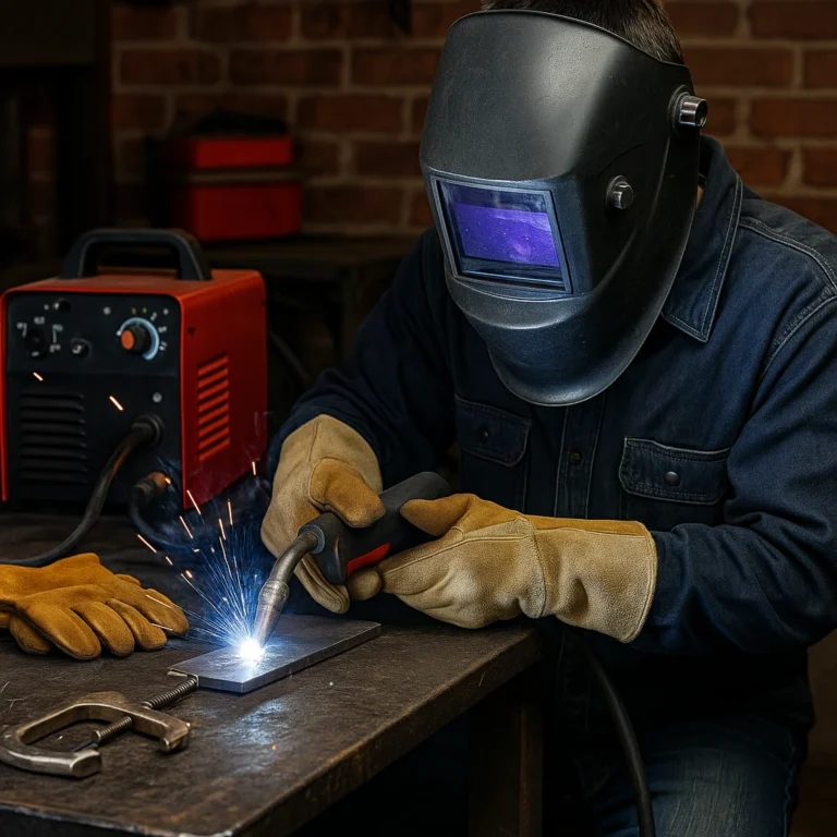 A welder working in a home garage with a MIG welding machine, surrounded by clamps and safety gear.