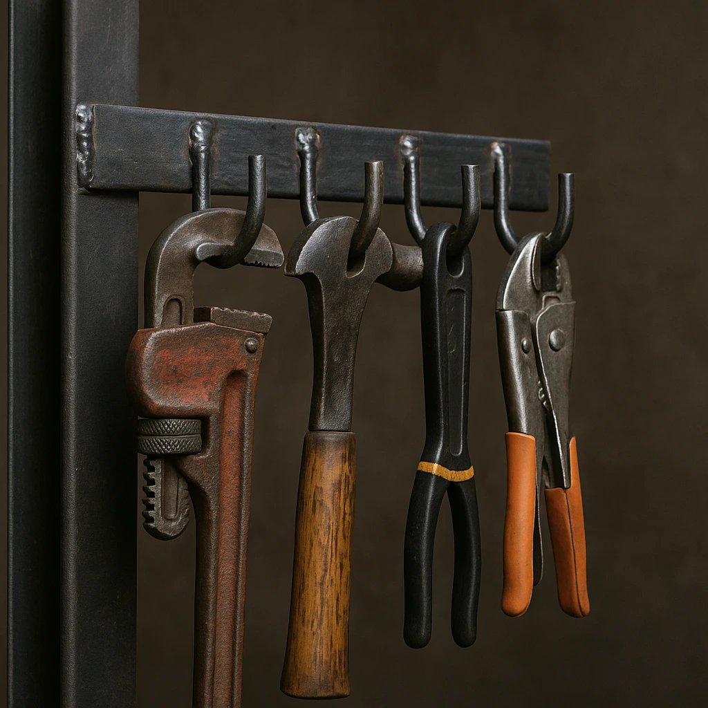 A photograph shows four heavy-duty tools hanging on welded steel hooks mounted to a vertical support bar.