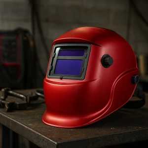 A bright red welding helmet resting on a workbench in a workshop setting.