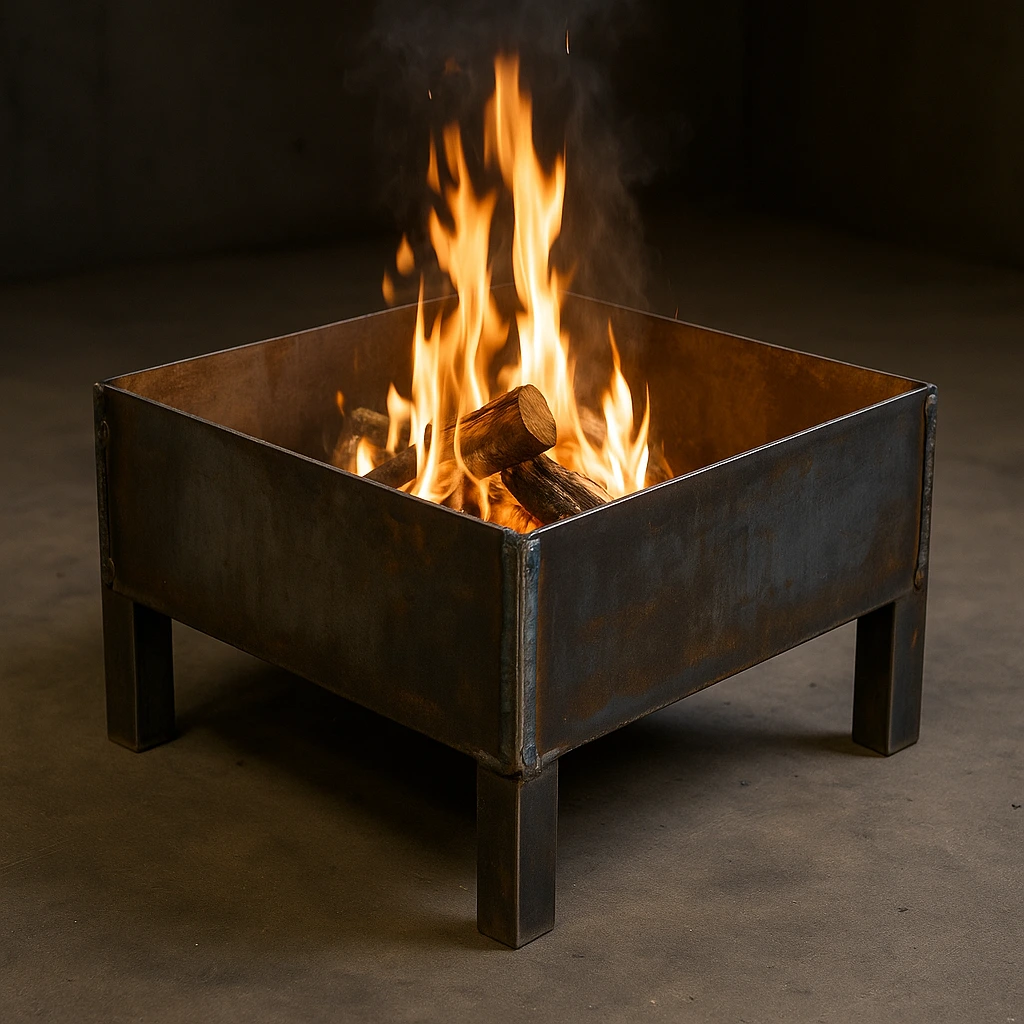 A rectangular steel fire pit with clean welds, set on gravel in a backyard welding area.