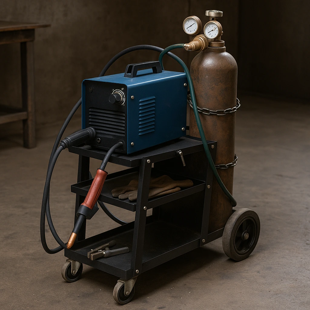 A metal welding cart with a blue MIG welder, helmet, and organized tools, ideal for beginner welding setups.