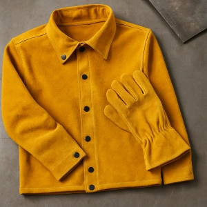 A yellow welding jacket neatly laid out with matching protective gloves on a work surface.