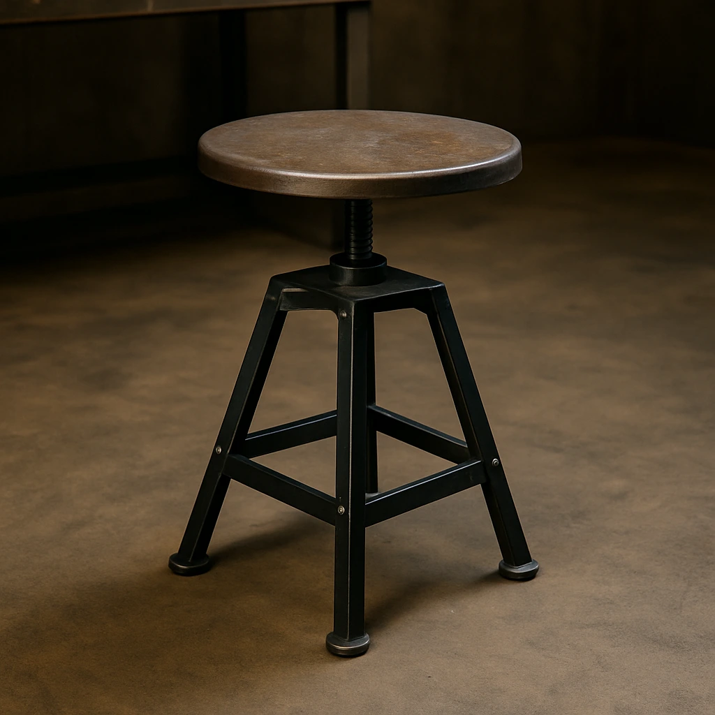 A photograph features a sturdy adjustable-height shop stool with a metal frame and wooden seat, placed in a welding workspace.