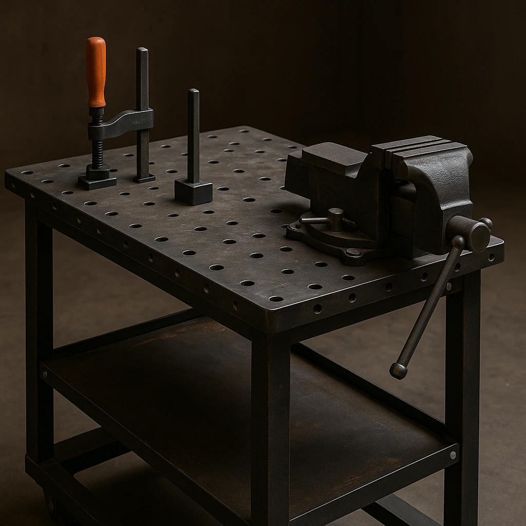 A compact welding table with mounted clamps, adjustable stops, and a metal vise for hands-on DIY projects.
