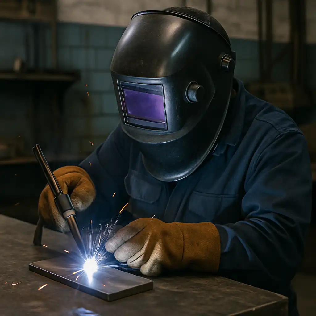 A high-resolution photograph captures a welder at work using a TIG torch, with a black welding helmet and protective gloves in a shop setting.