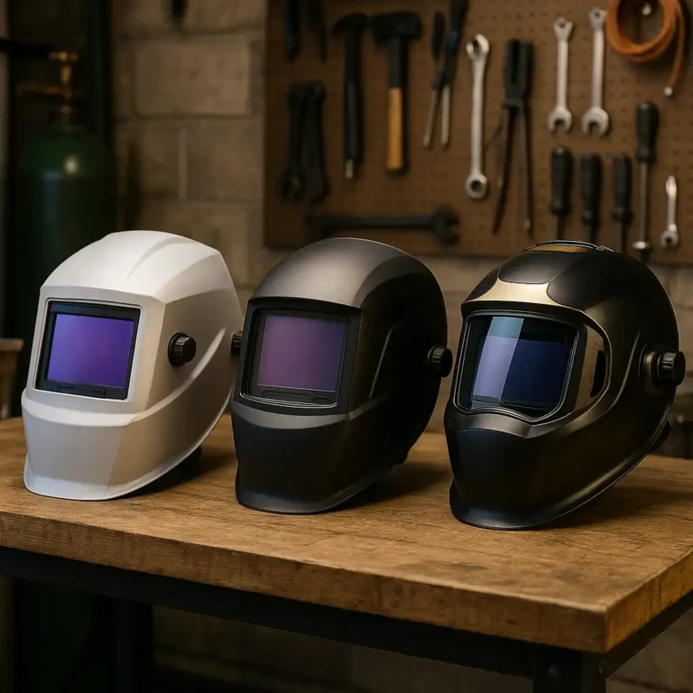 three welding helmets displayed on a workbench in a workshop, showing different auto-darkening helmet styles for welders