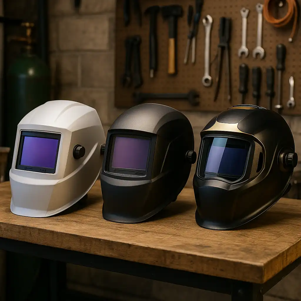 three welding helmets displayed on a workbench in a workshop, showing different auto-darkening helmet styles for welders