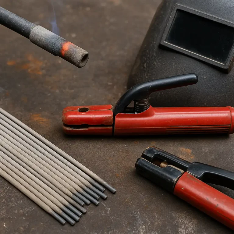 Close-up of welding rods with red electrode holders and a helmet on a workshop table, showing practical welding gear in use.