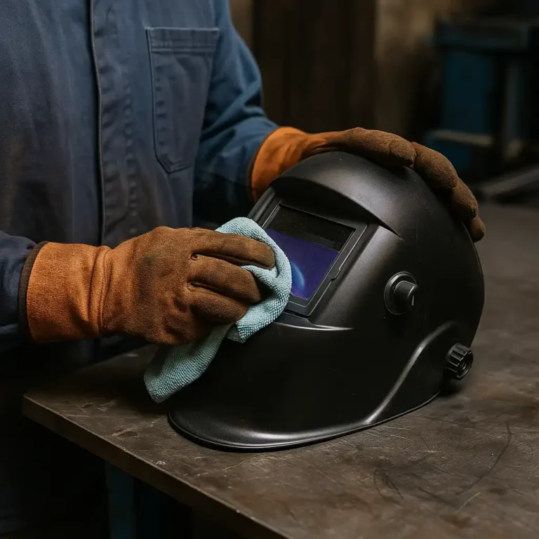 A welder cleaning his black auto-darkening welding helmet with a microfiber cloth on a workshop bench.