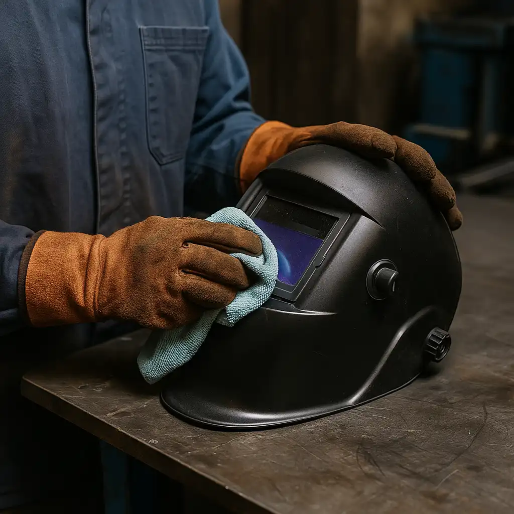 A welder cleaning his black auto-darkening welding helmet with a microfiber cloth on a workshop bench.