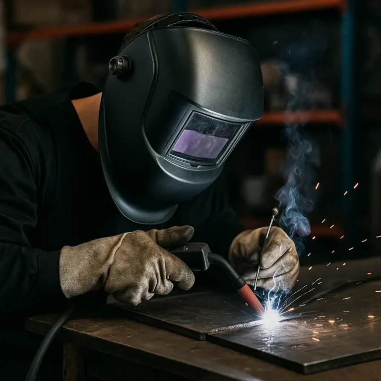 A welder wearing an auto-darkening welding helmet works on a metal plate, with sparks and smoke rising from the welding arc.