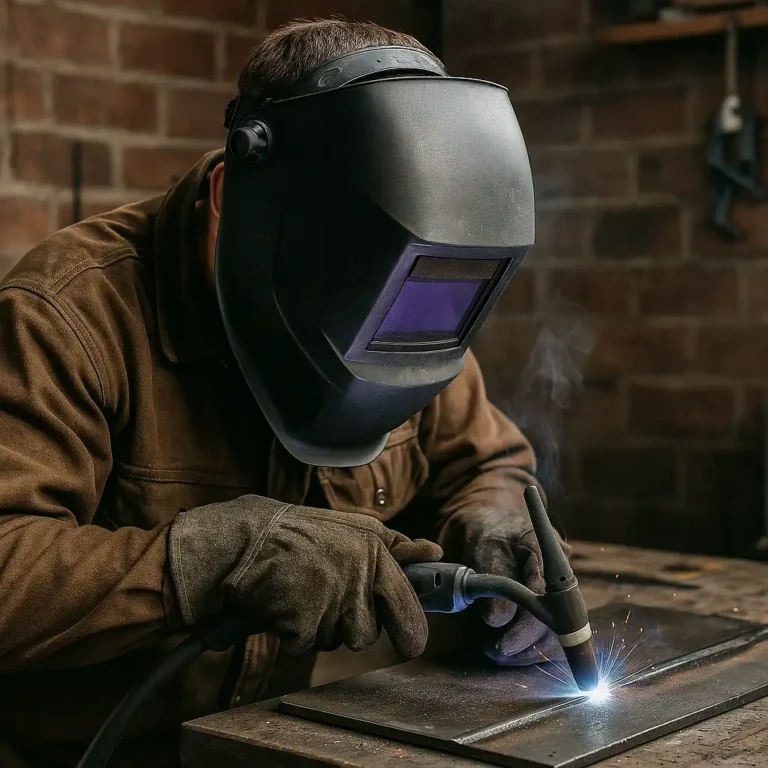 A photograph captures a welder wearing a black auto-darkening welding helmet with a tinted lens, focused on welding a steel plate in a rustic workshop.