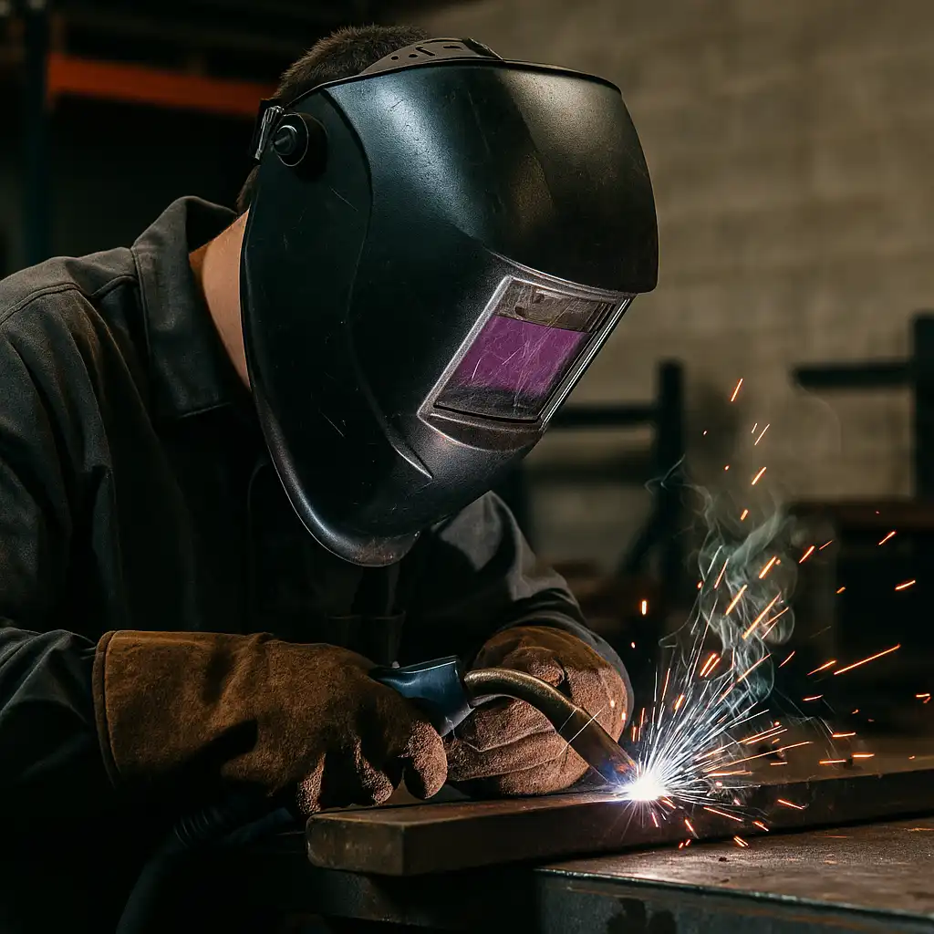 A welder wearing an auto-darkening welding helmet works on metal with sparks flying in a shop setting.