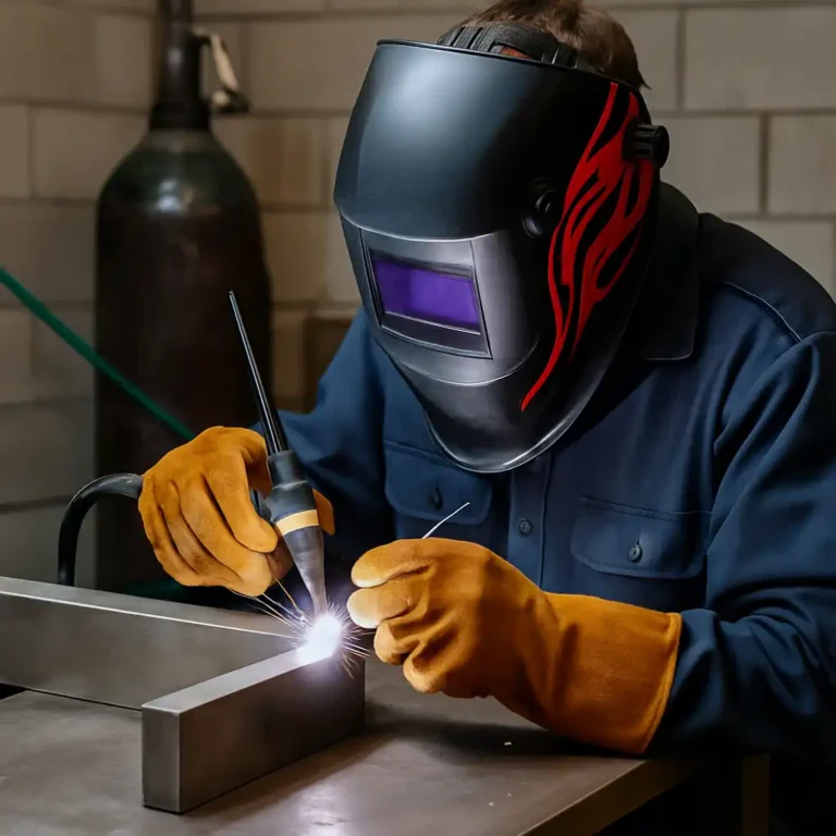 Welder using a TIG torch with a flame-pattern helmet and gloves while fusing two metal plates in a workshop.