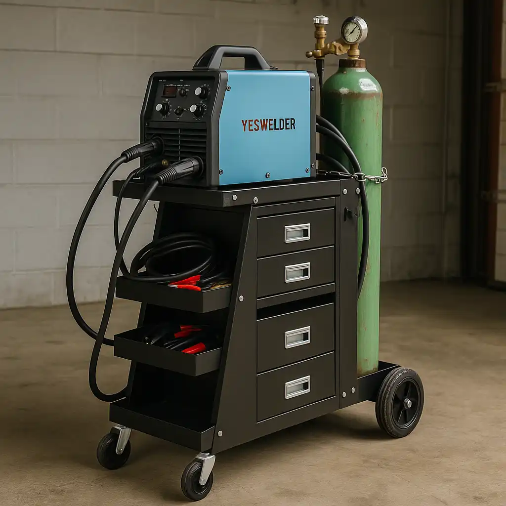 YESWELDER welding cart with 4 drawers holding a MIG welder and gas tank in a workshop setting.