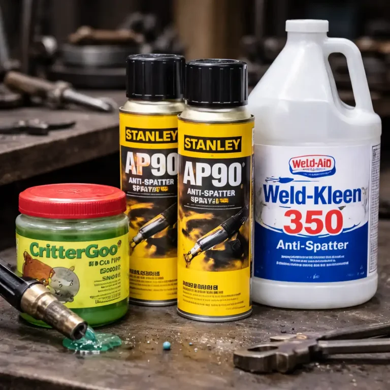 Three welding anti-spatter products on a workshop bench, including a nozzle tip dip gel, aerosol anti-spatter spray cans, and a water-based anti-spatter liquid for MIG and TIG welding.