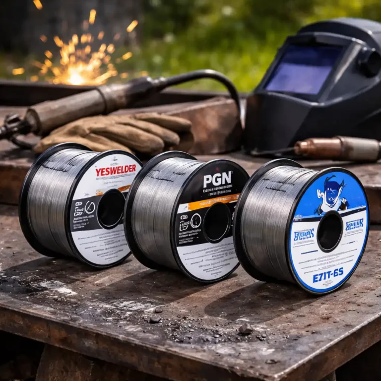 Flux core welding wire spools on an outdoor workbench beside a welding torch and helmet.