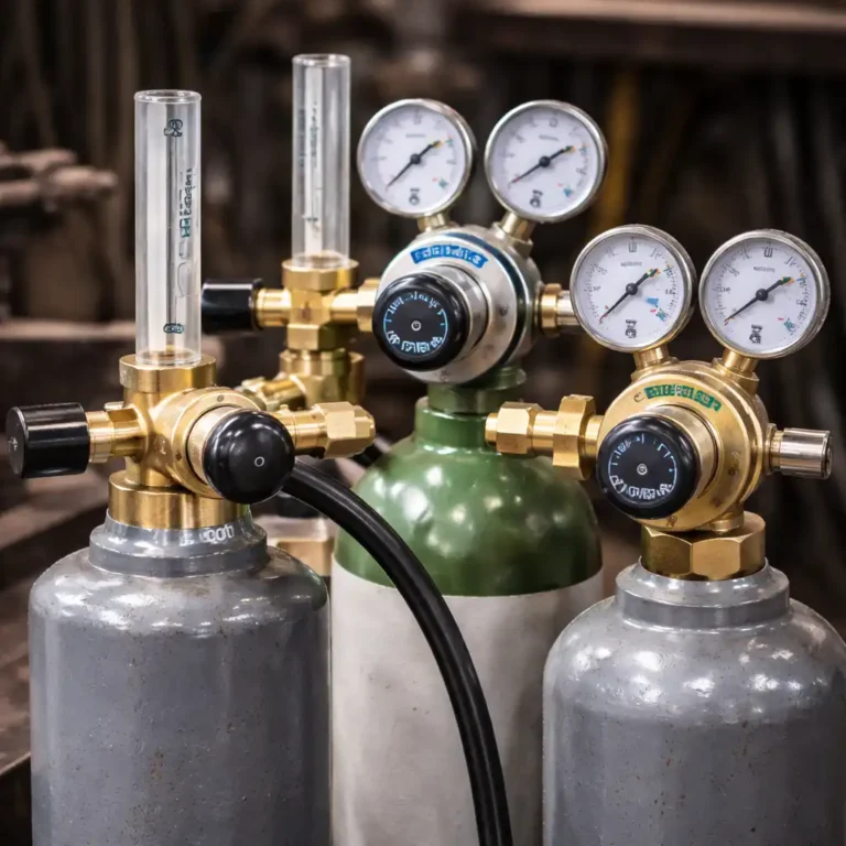 Three welding gas regulators mounted on argon and argon/CO₂ cylinders, showing flow meters and pressure gauges used for MIG and TIG welding setups.