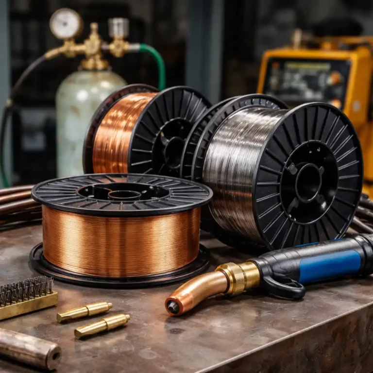 ER70S-6 MIG welding wire spools on a workshop table beside a MIG torch and welding accessories.