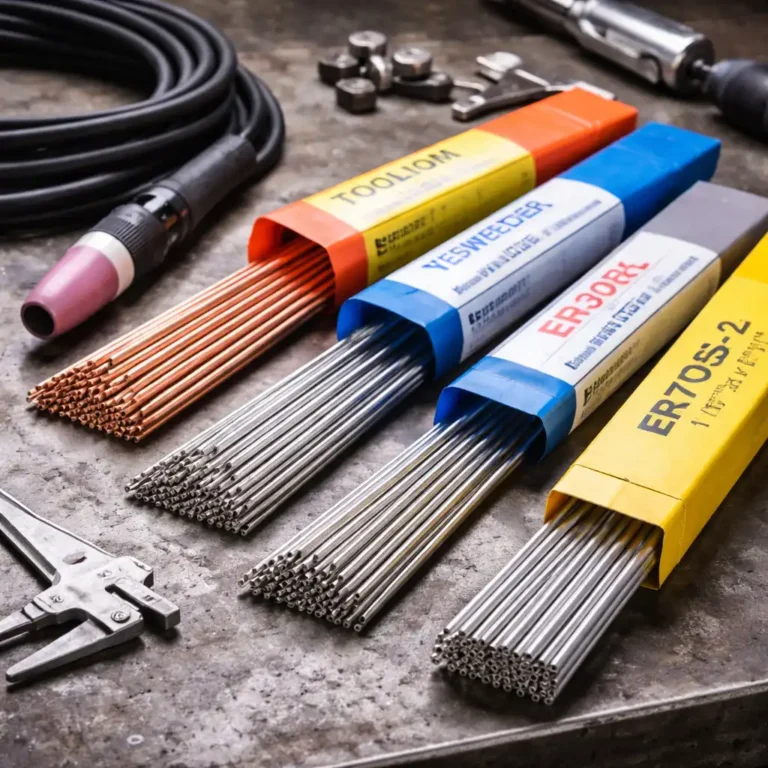 TIG filler rods for steel and stainless laid out on a workbench beside a TIG torch and welding tools.