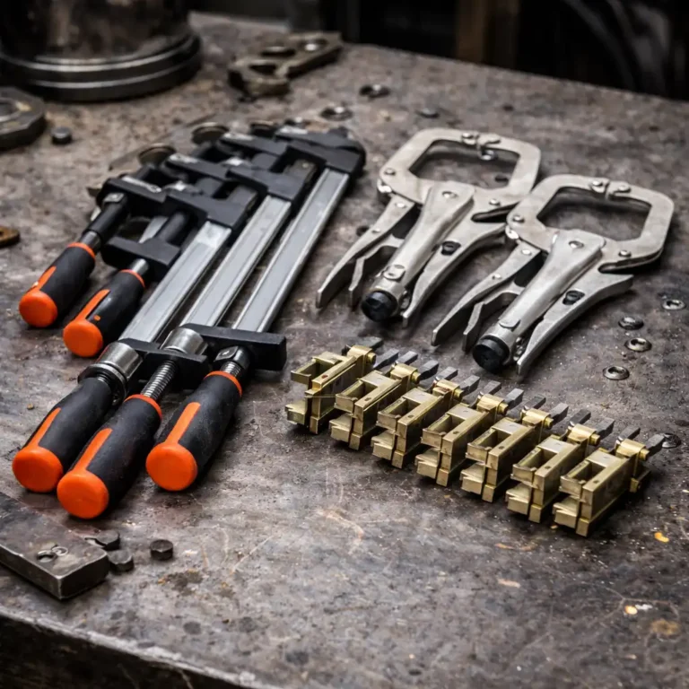 Heavy-duty F-clamps, locking C-clamps, and small butt welding clamps arranged on a metal workbench, showing common clamping tools used for accurate fit-up and fabrication work.