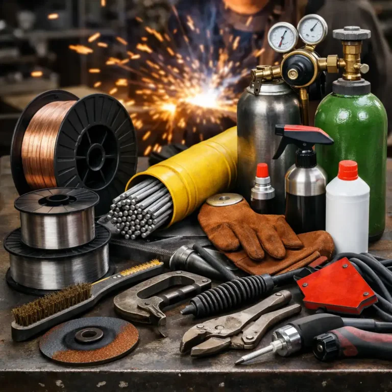 Assorted welding consumables on a workbench, including welding wire spools, filler rods, gas cylinders with regulators, abrasives, and shop tools.