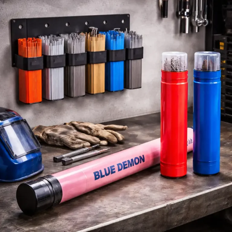 Welding rod storage solutions including a wall-mounted rod organizer and sealed storage tubes arranged on a workshop bench.