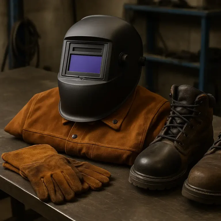 A welding helmet, folded FR jacket, leather gloves, and steel-toe boots arranged on a workshop table in a clean gear setup.
