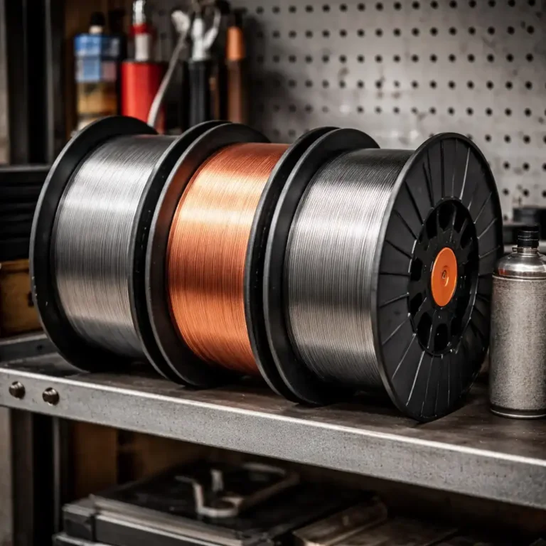 Three welding wire spools stored properly on a metal shelf in a dry workshop to prevent rust and moisture damage.