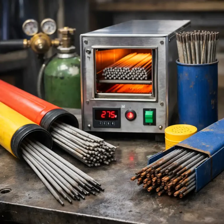 Welding rods stored in sealed tubes and a rod oven on a workshop bench, showing proper dry storage to prevent moisture damage.