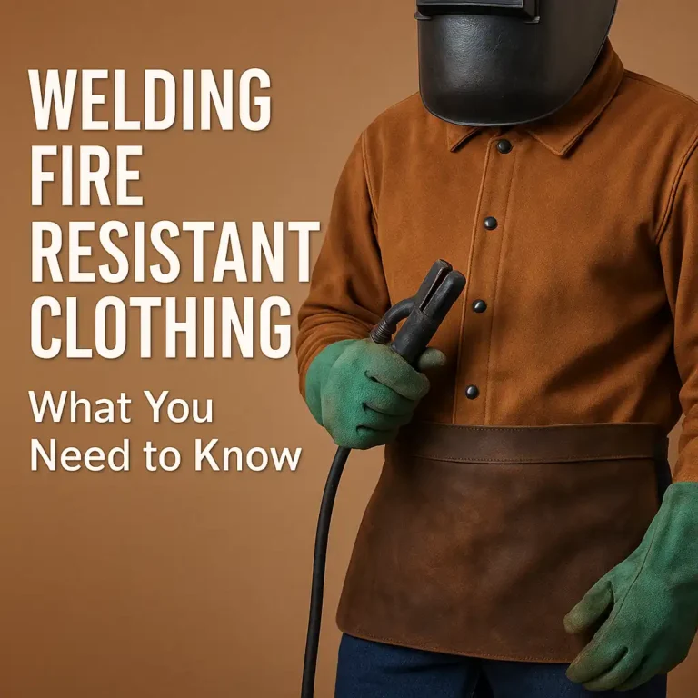 A welder wearing fire-resistant clothing, including an FR cotton jacket, leather apron, green welding gloves, and a protective helmet, holding an electrode holder against a neutral workshop background.