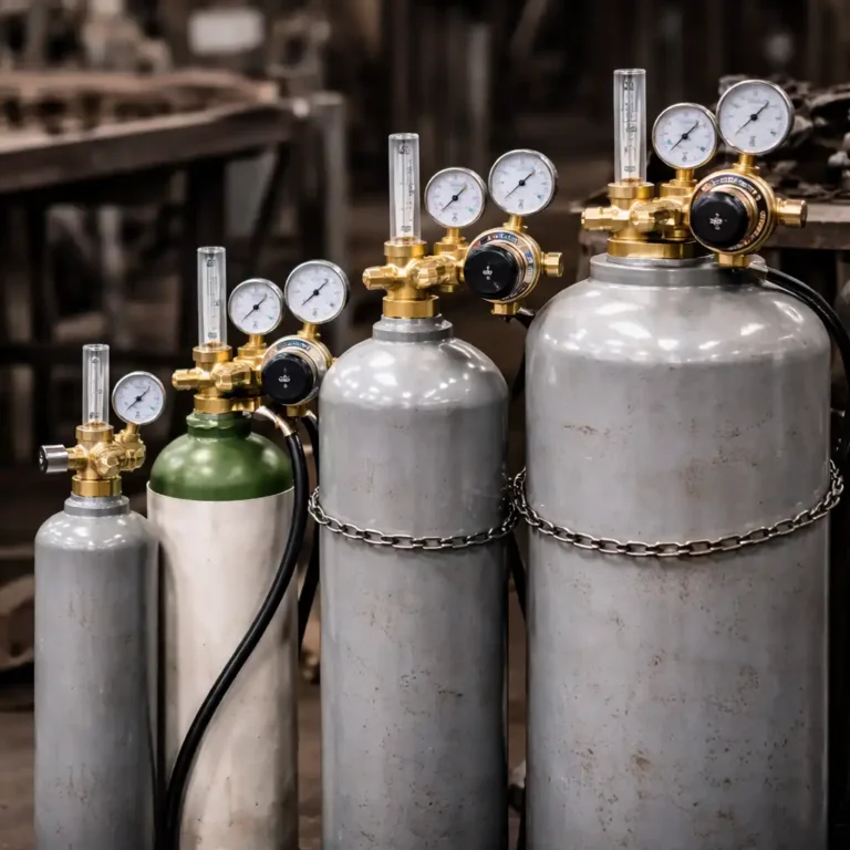 Four welding gas cylinders of different sizes secured in a workshop, each fitted with brass regulators and flow meters to compare tank size options.