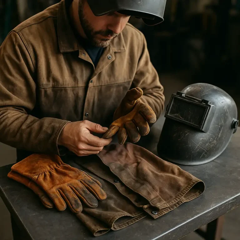 A welder inspecting worn PPE on a workshop bench, including used welding gloves, a scratched helmet, and a faded FR jacket.