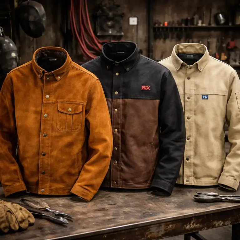 Three welding jackets made from leather and flame-resistant fabric displayed on a workbench in an industrial welding shop.