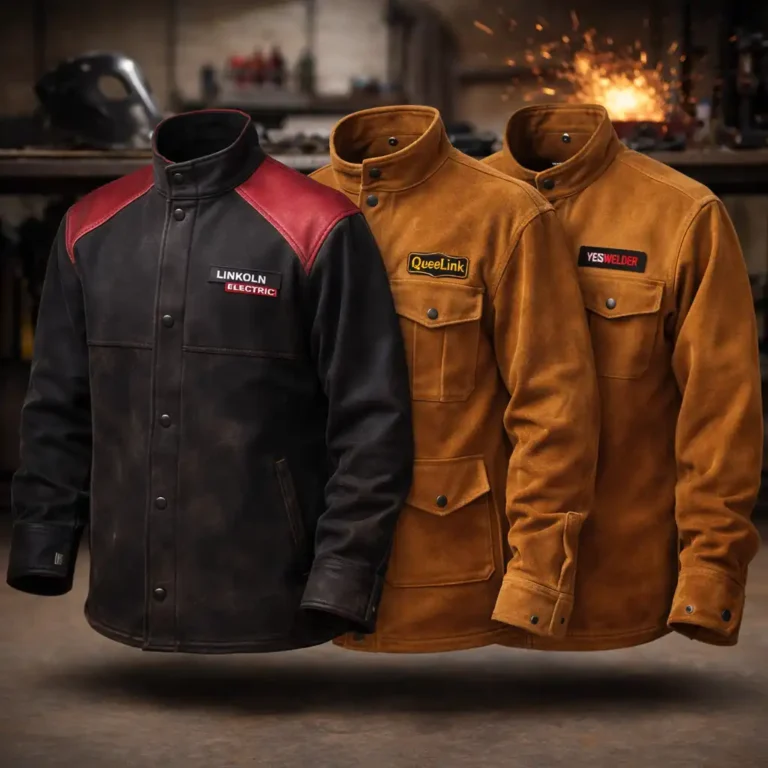 Leather welding jackets displayed in a workshop, showing heavy-duty construction for high-heat and overhead welding.